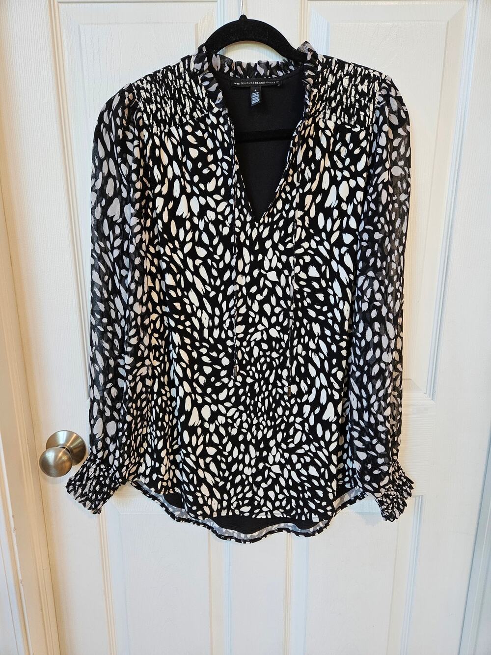 WHITE HOUSE BLACK MARKET Sheer Smocked Blouse Black White Abstract Print Size S